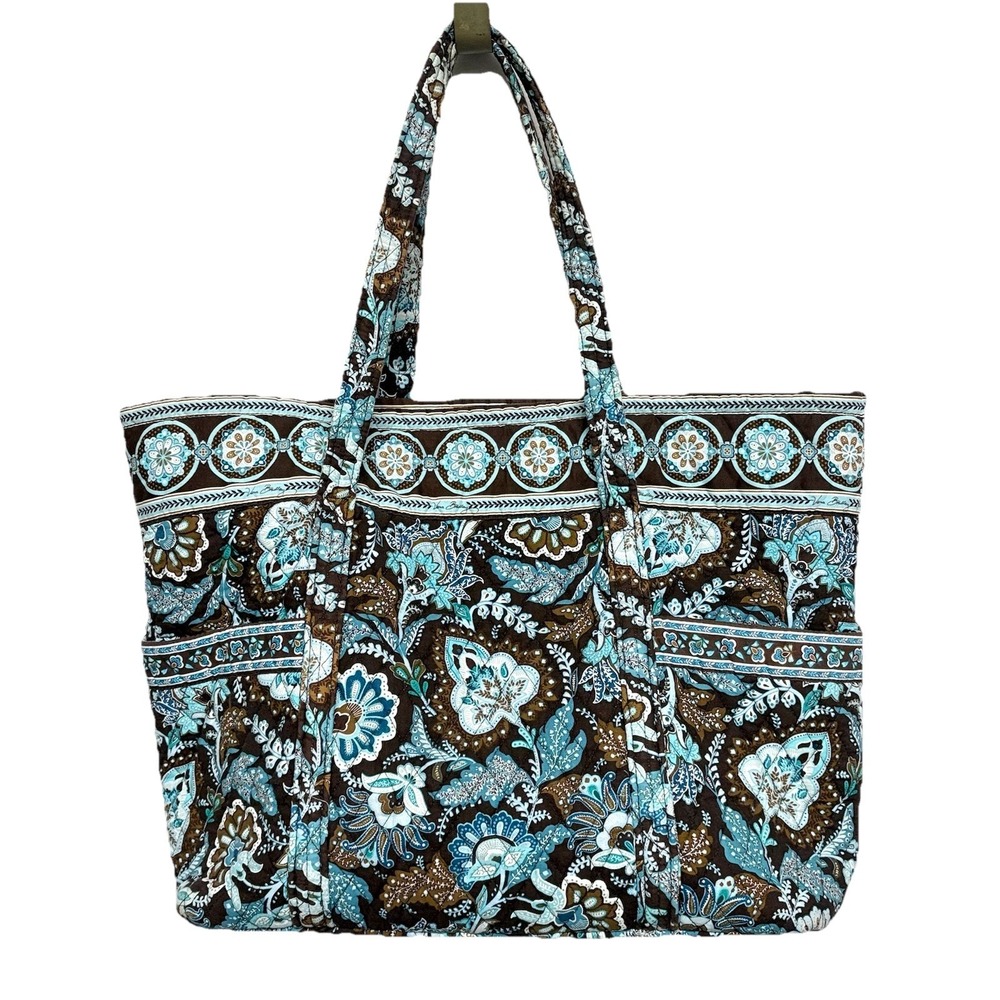 Retired Vera Bradley Java Blue Large Tote Bag Brown Aqua Quilted Floral Purse